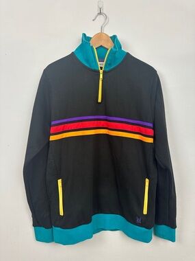 Teddy Fresh Black Teal Purple Ted Orange Stripe Retro 1/4 Zip Sweatshirt Sz M
